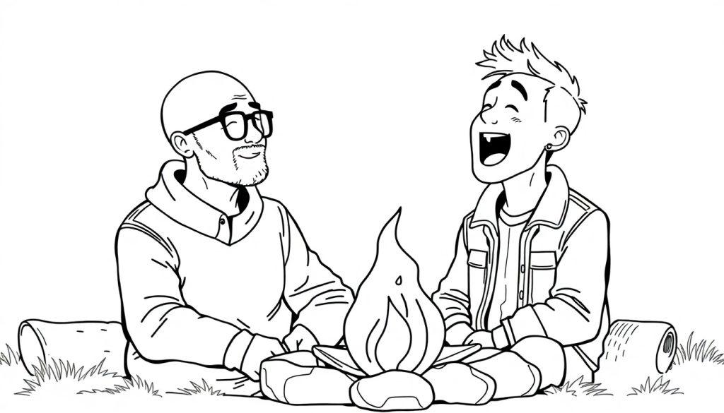 Kleurplaat van twee mannen die rond een kampvuur zitten, zingend en ukulele spelend.