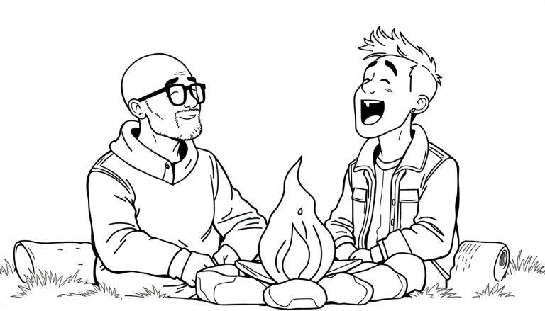 Kleurplaat van twee mannen die rond een kampvuur zitten, zingend en ukulele spelend.