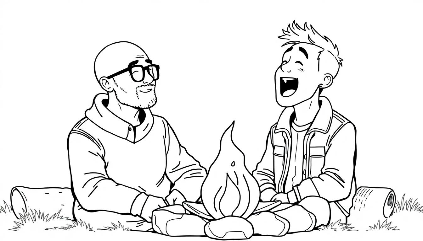 Kleurplaat van twee mannen die rond een kampvuur zitten, zingend en ukulele spelend.