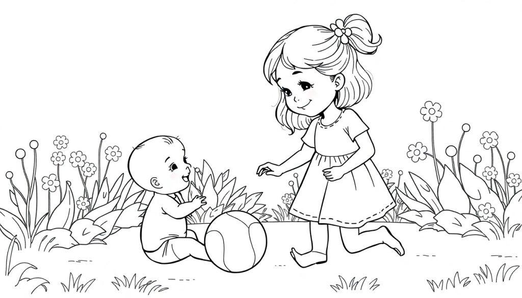Kleurplaat: Grote zus kijkt glimlachend naar haar kleine broertje die met een bal speelt in de tuin.