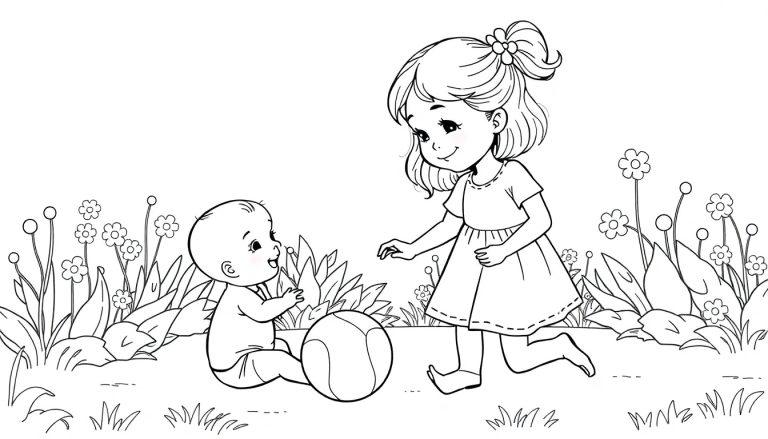 Kleurplaat: Grote zus kijkt glimlachend naar haar kleine broertje die met een bal speelt in de tuin.