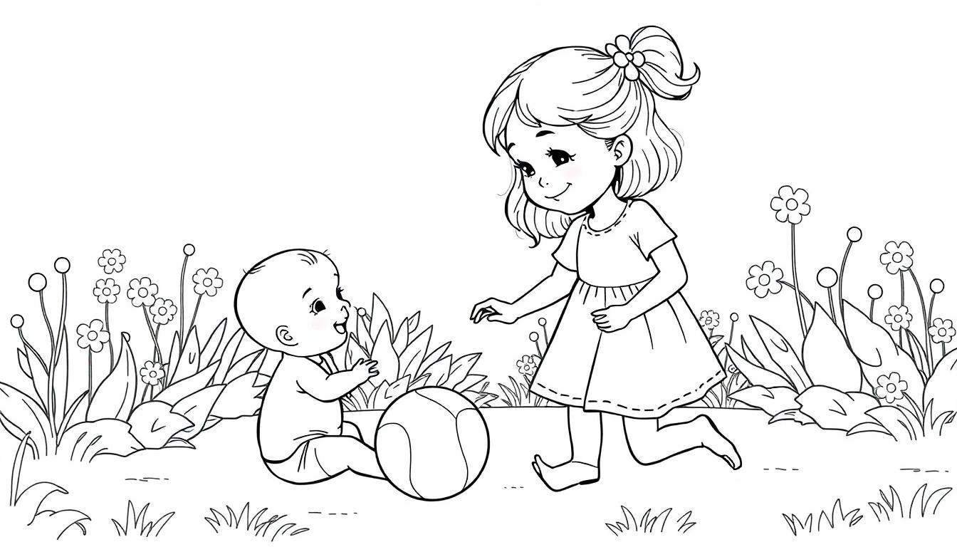 Kleurplaat: Grote zus kijkt glimlachend naar haar kleine broertje die met een bal speelt in de tuin.