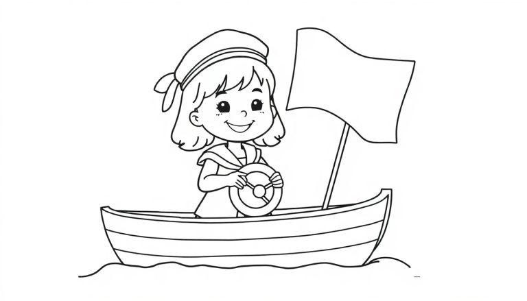 Kleurplaat van een 3-jarig meisje in matrozenkleding dat een boot stuurt.