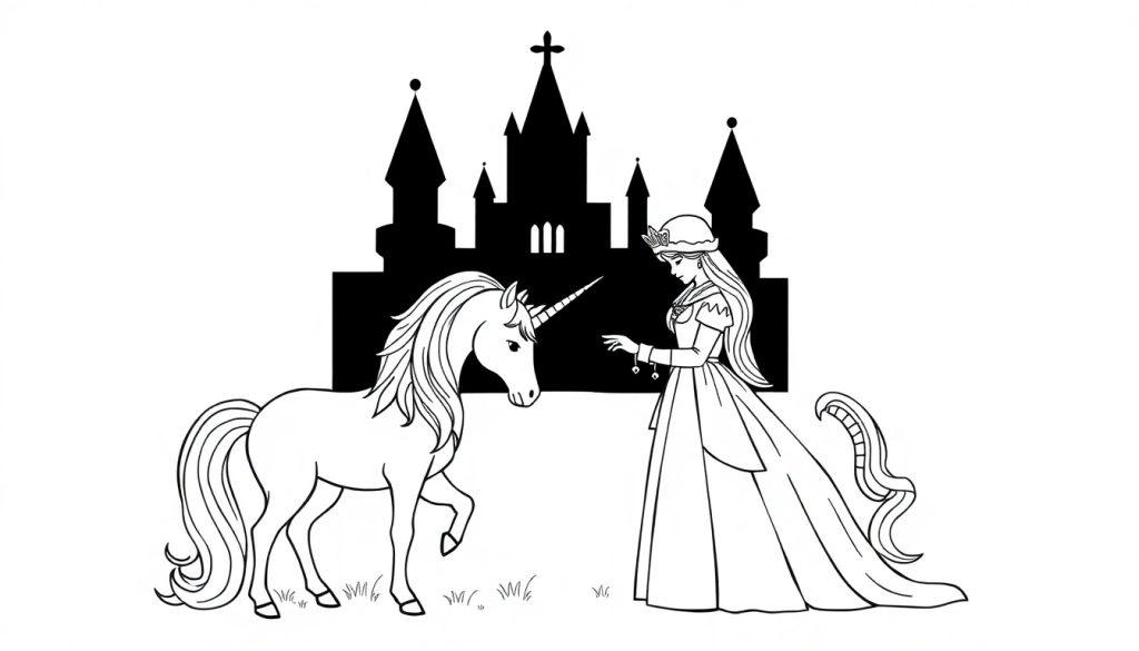 Kleurplaat van een prinses en eenhoorn bij een kasteel.
