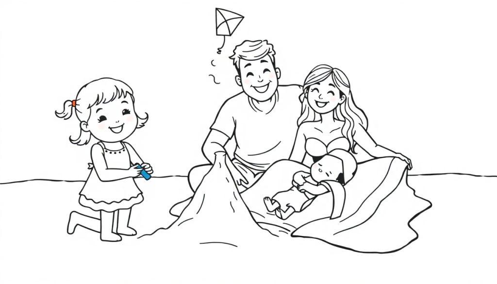 Kleurplaat van een blije familie op het strand, met een vlieger in de lucht.