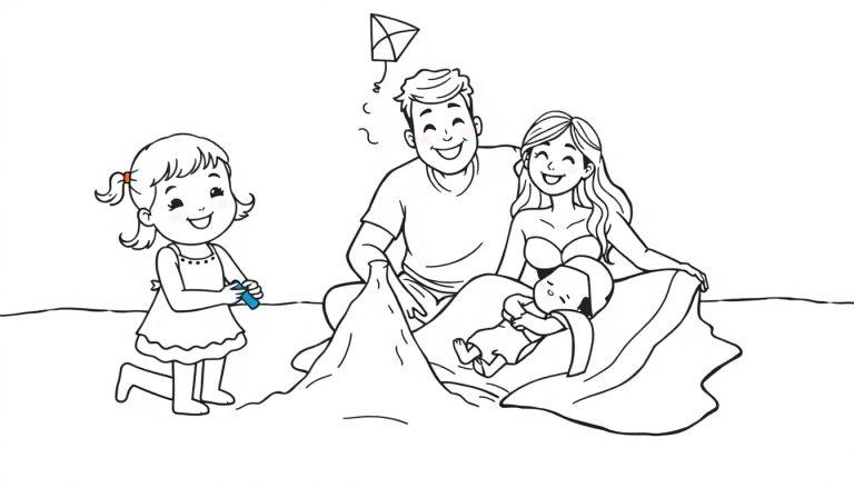 Kleurplaat van een blije familie op het strand, met een vlieger in de lucht.