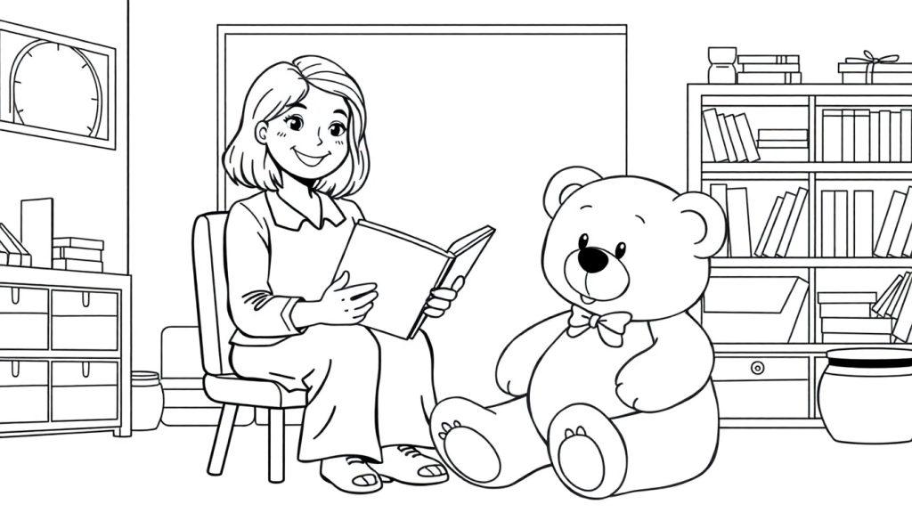Kleurplaat van een juf die een teddybeer voorleest.
