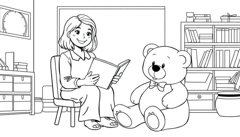 Kleurplaat van een juf die een teddybeer voorleest.