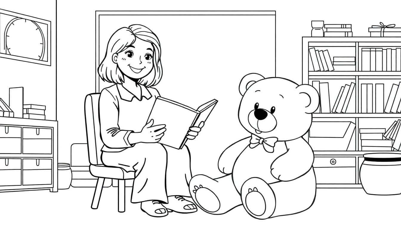 Kleurplaat van een juf die een teddybeer voorleest.