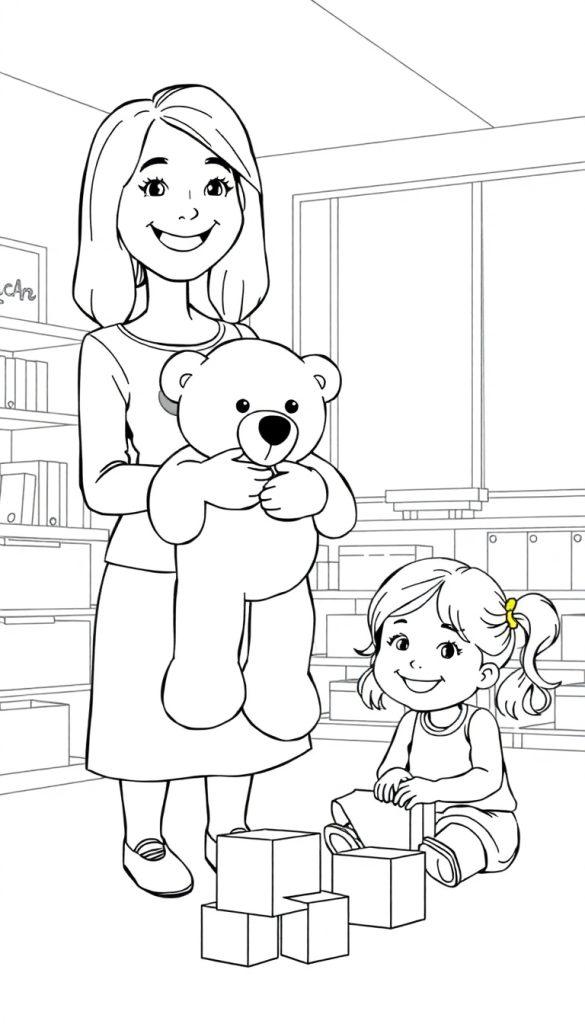 Kleurplaat van een moeder met haar dochter in een kamer.