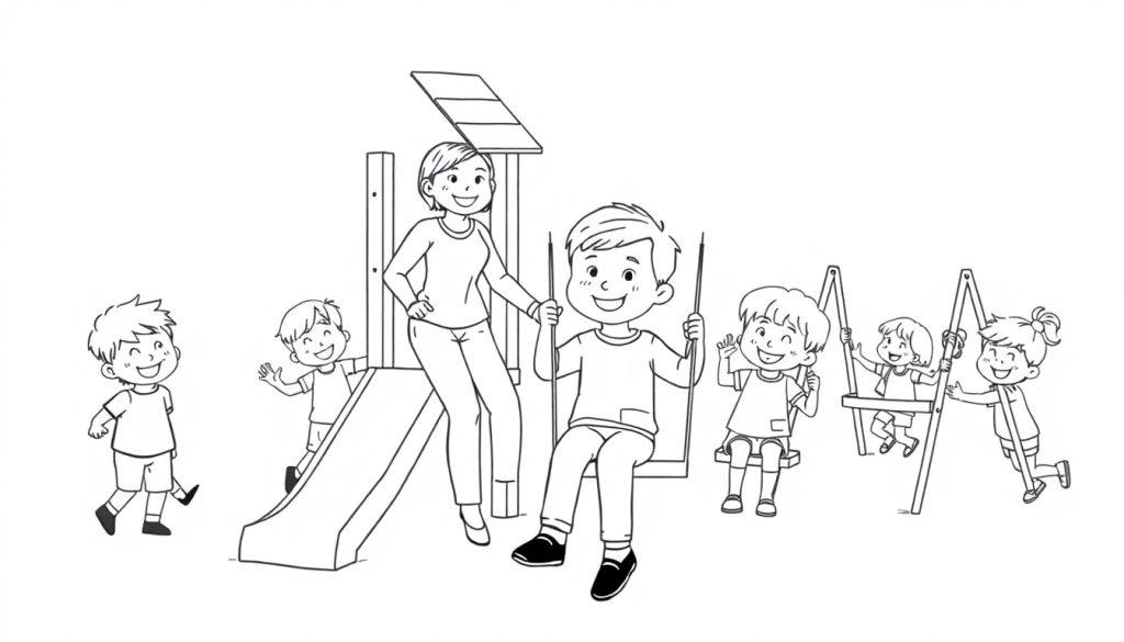 Zwart-wit kleurplaat van spelende kinderen in een speeltuin met een juf.