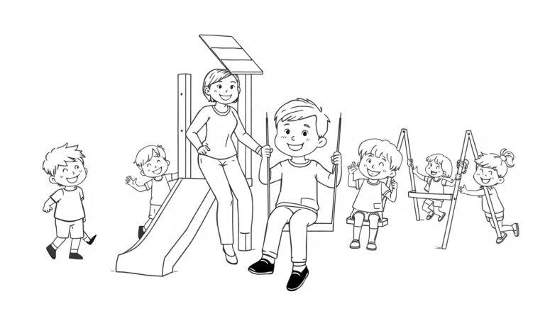 Zwart-wit kleurplaat van spelende kinderen in een speeltuin met een juf.