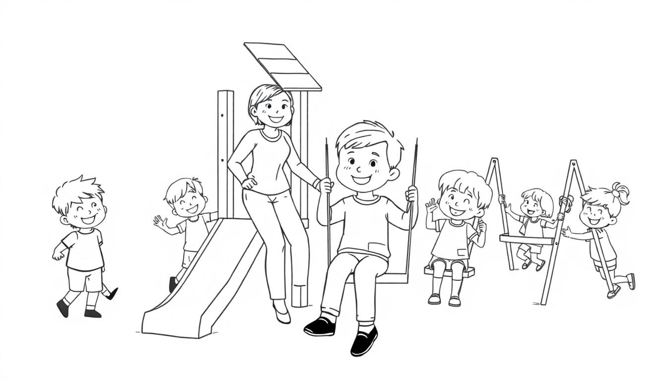 Zwart-wit kleurplaat van spelende kinderen in een speeltuin met een juf.