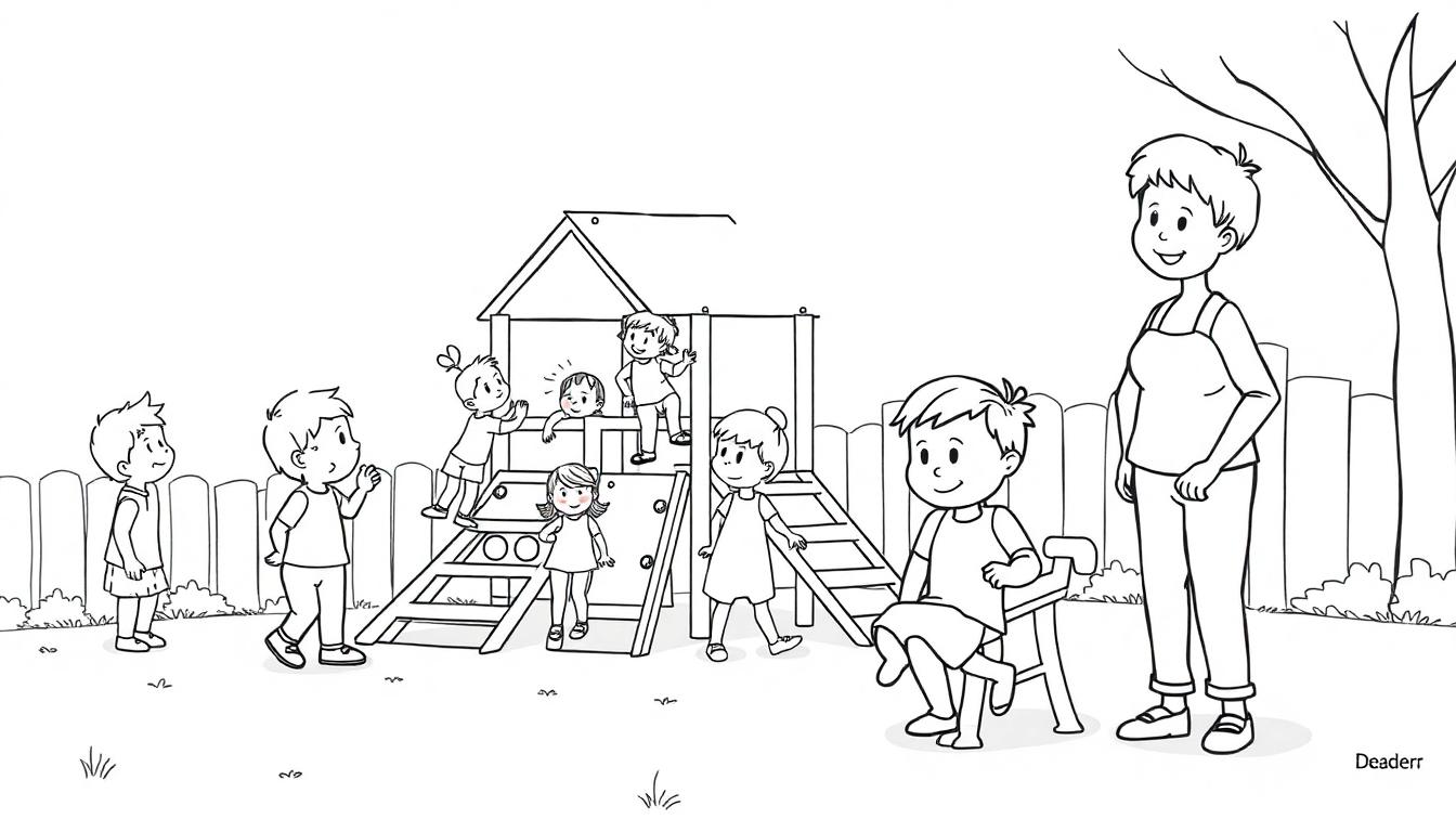 Kleurplaat: kinderen spelen in speeltuin met juf.