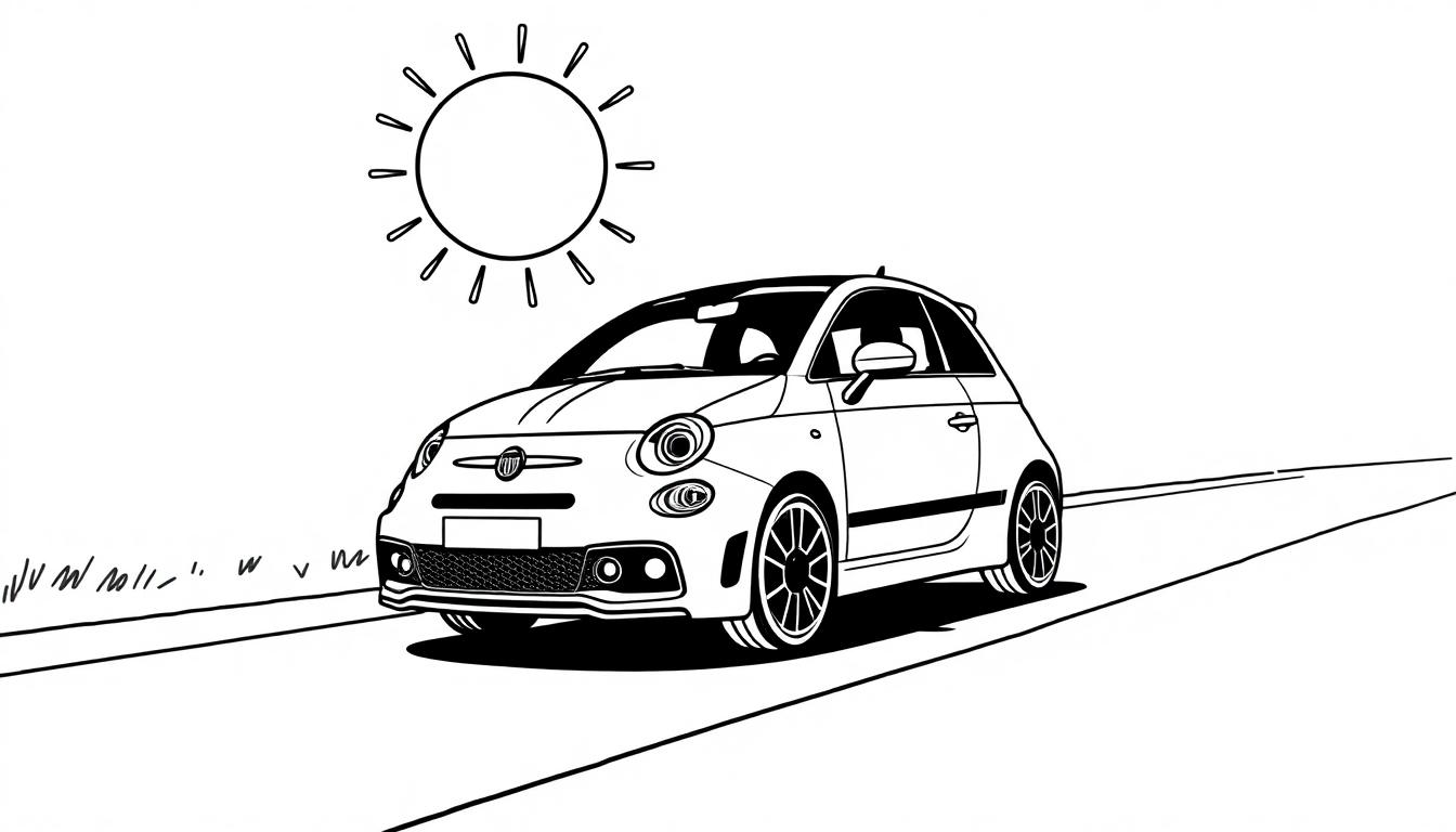 Kleurplaat van een Fiat Abarth op de weg met zon en gras.
