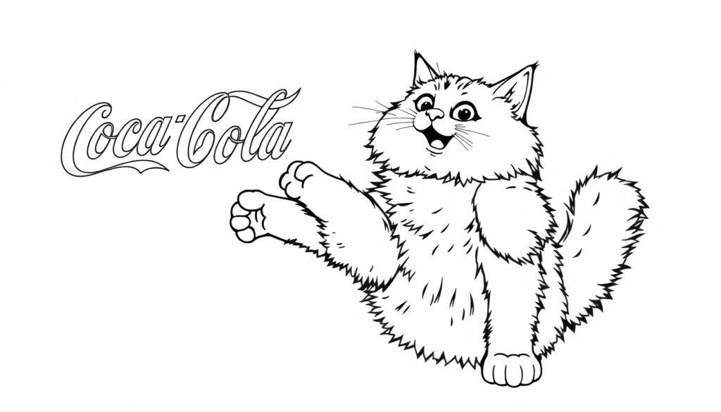 Zwart-witte kleurplaat van een pluizige Noorse boskat met een Coca-Cola logo.