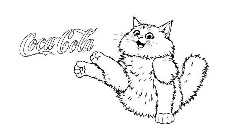 Zwart-witte kleurplaat van een pluizige Noorse boskat met een Coca-Cola logo.
