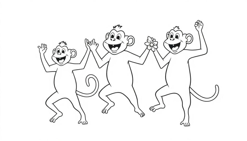 Kleurplaat van drie dansende apen die elkaars handen vasthouden.