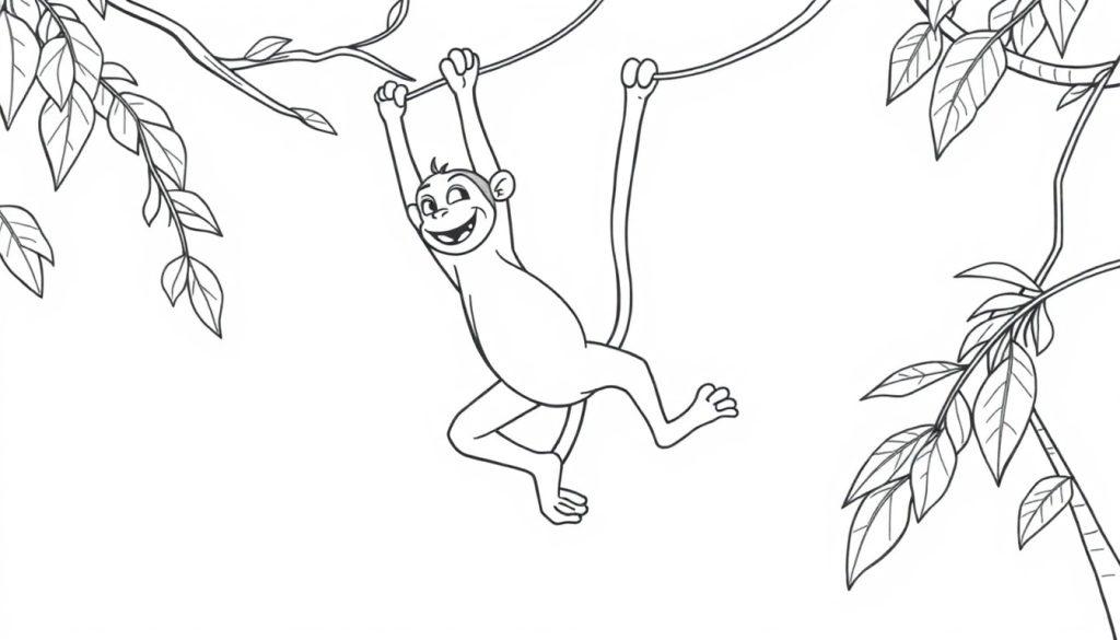 Kleurplaat van een vrolijke aap die aan een liaan slingert, met een brede grijns.