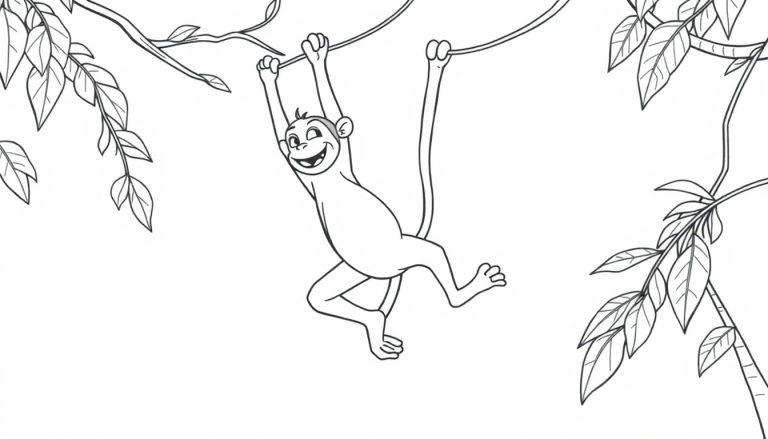 Kleurplaat van een vrolijke aap die aan een liaan slingert, met een brede grijns.