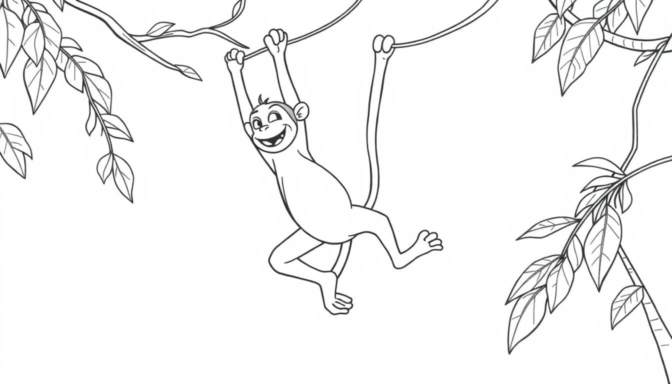 Kleurplaat van een vrolijke aap die aan een liaan slingert, met een brede grijns.