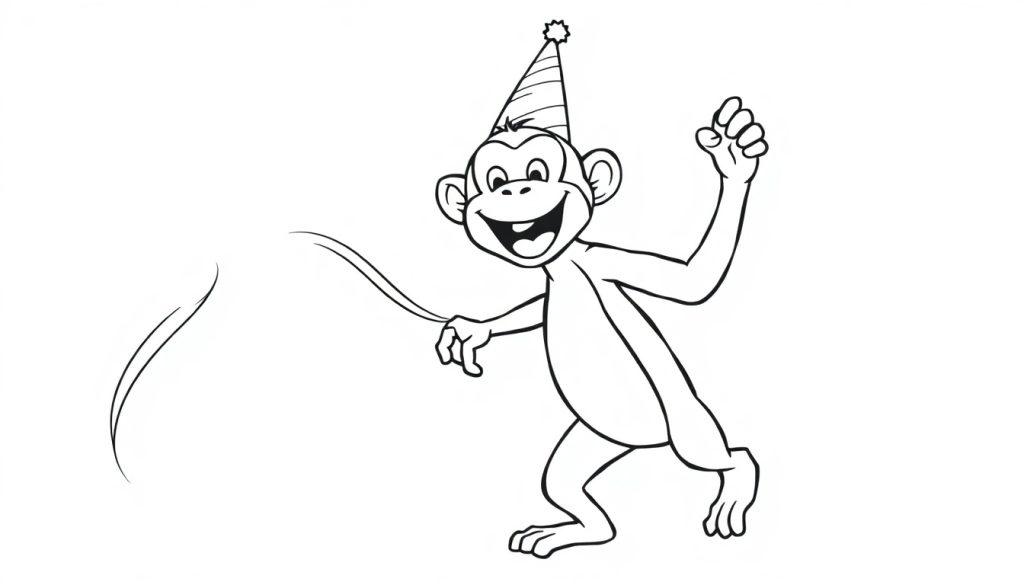 Een zwart-wit kleurplaat van een dansende aap in een feestmuts.