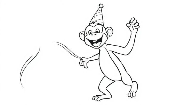 Een zwart-wit kleurplaat van een dansende aap in een feestmuts.