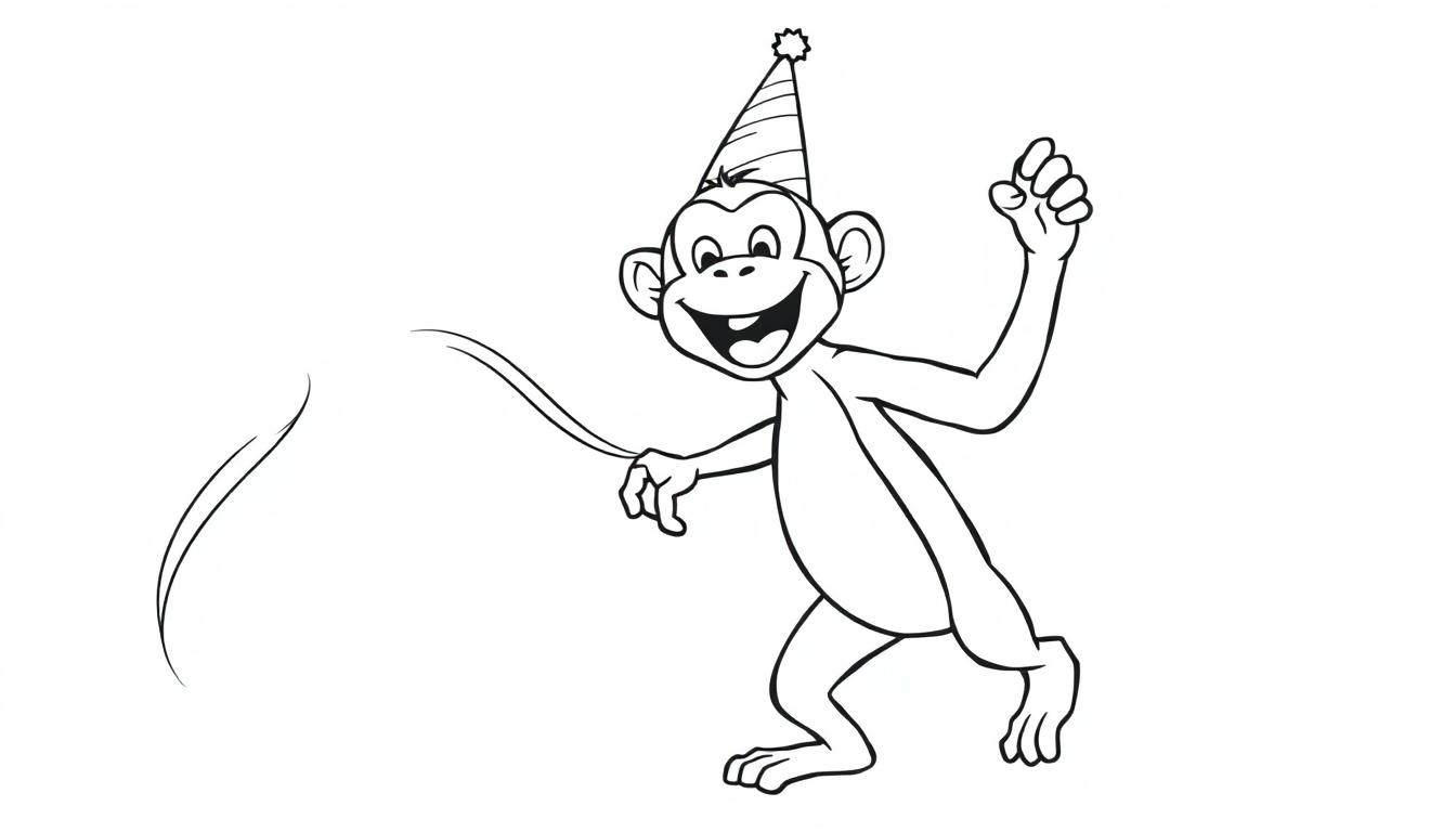 Een zwart-wit kleurplaat van een dansende aap in een feestmuts.