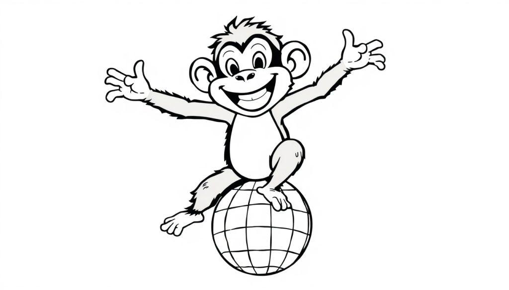 Kleurplaat van een lachende slingeraap die danst bovenop een wereldbol.