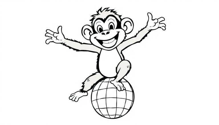 Kleurplaat van een lachende slingeraap die danst bovenop een wereldbol.