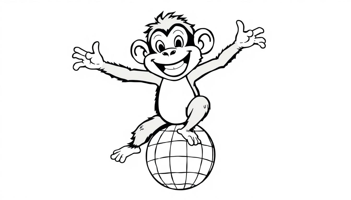 Kleurplaat van een lachende slingeraap die danst bovenop een wereldbol.