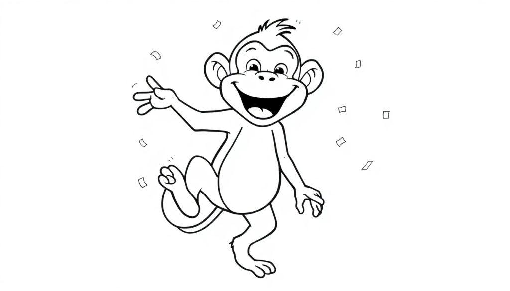 Een vrolijke zwart-wit tekening van een dansende aap, perfect als kleurplaat.