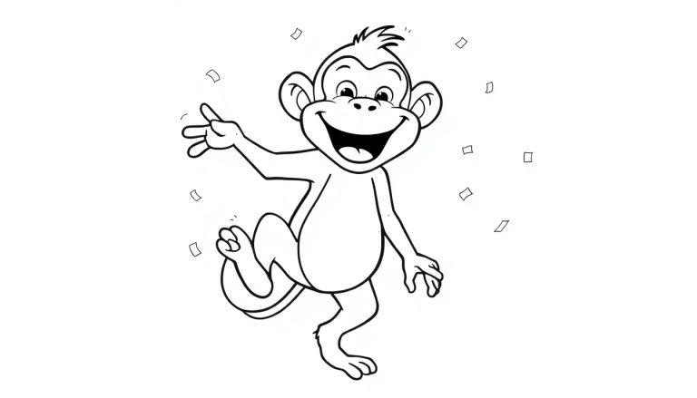 Een vrolijke zwart-wit tekening van een dansende aap, perfect als kleurplaat.