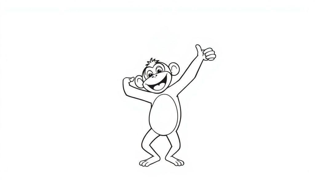 Een lachende aap met duim omhoog, klaar om als kleurplaat ingekleurd te worden.