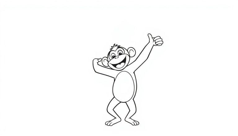 Een lachende aap met duim omhoog, klaar om als kleurplaat ingekleurd te worden.