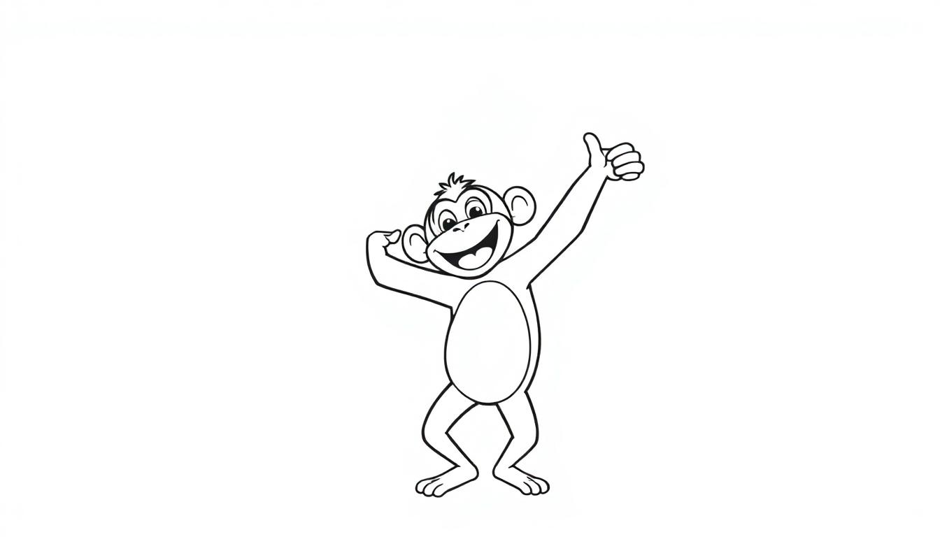 Een lachende aap met duim omhoog, klaar om als kleurplaat ingekleurd te worden.