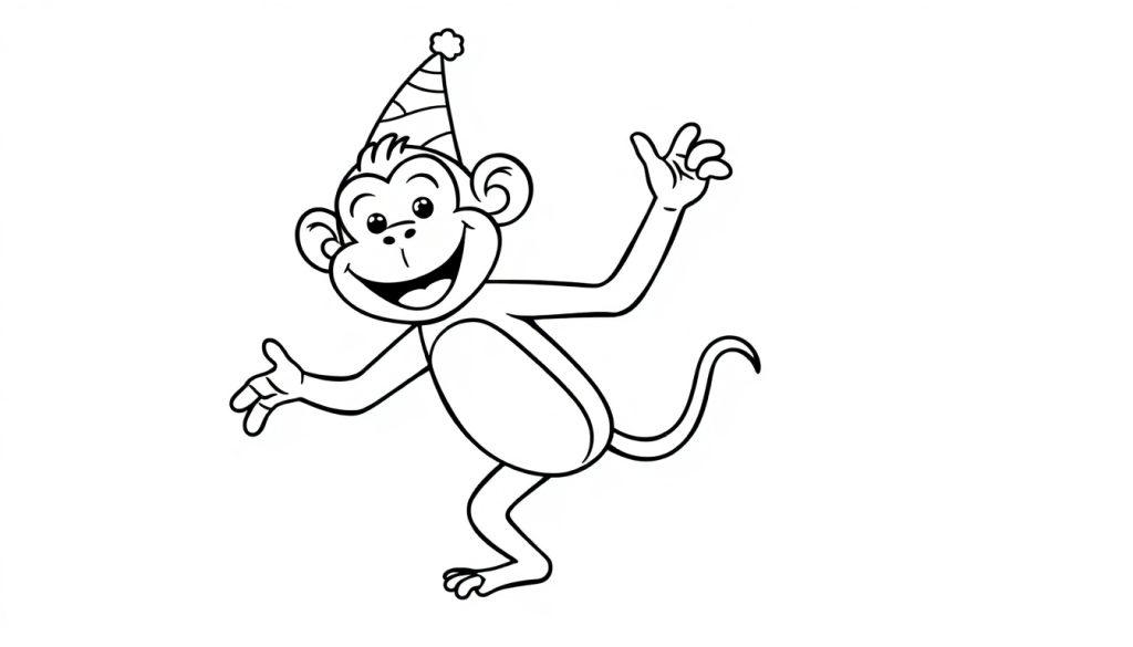 Vrolijke slingeraap in kleurplaat met feestmuts die danst
