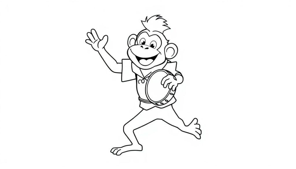 Zwart-wit kleurplaat van een dansende aap met een tamboerijn.