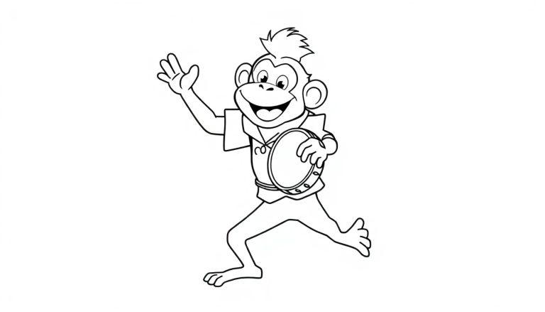 Zwart-wit kleurplaat van een dansende aap met een tamboerijn.