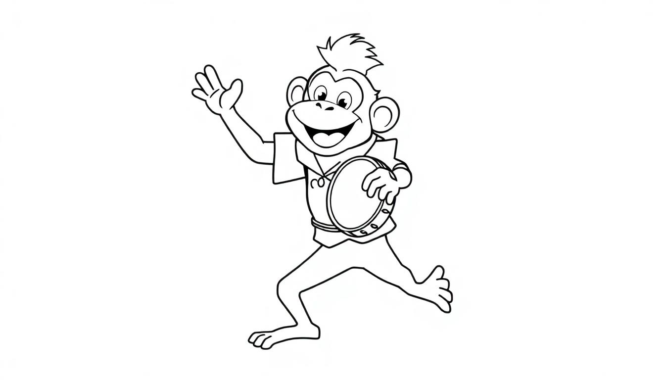 Zwart-wit kleurplaat van een dansende aap met een tamboerijn.
