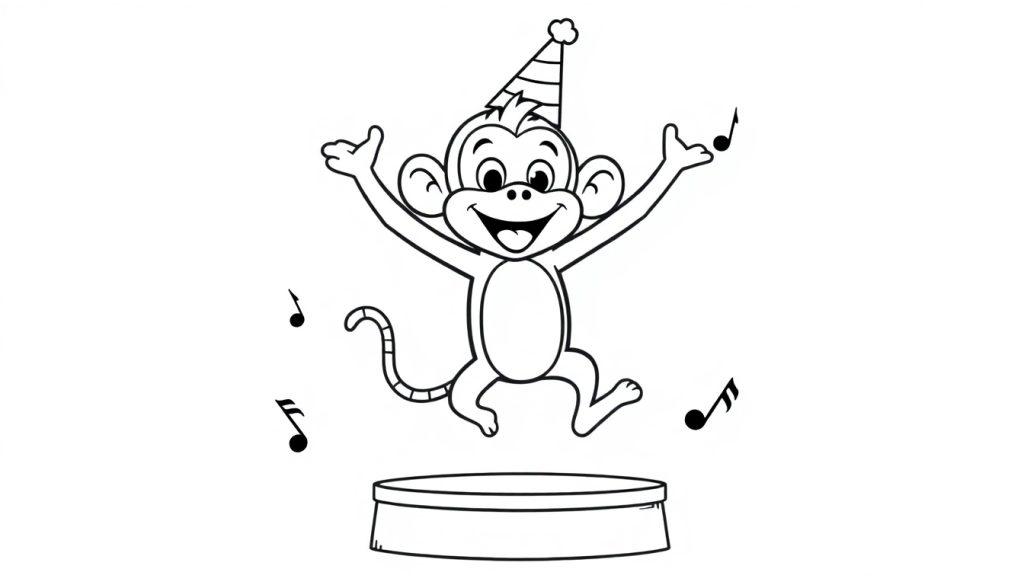 Zwart-wit kleurplaat van een vrolijke aap met feestmuts die danst.