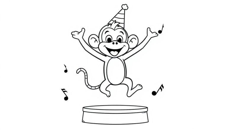 Zwart-wit kleurplaat van een vrolijke aap met feestmuts die danst.