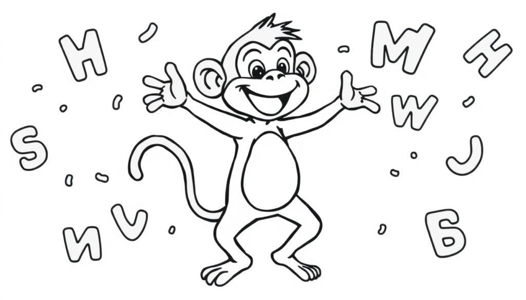 Kleurplaat van een dansende aap tussen letters.