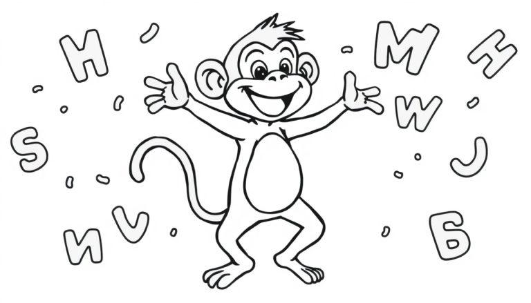 Kleurplaat van een dansende aap tussen letters.