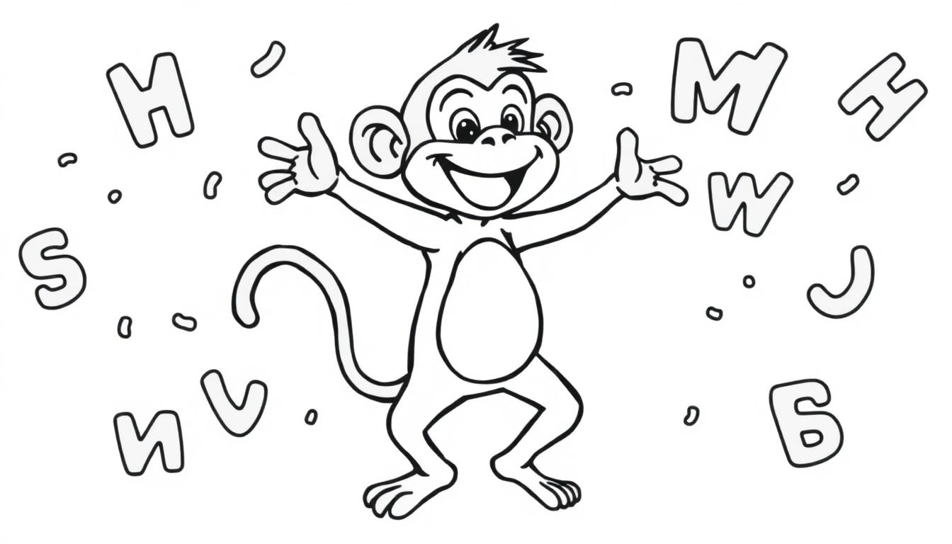 Kleurplaat van een dansende aap tussen letters.