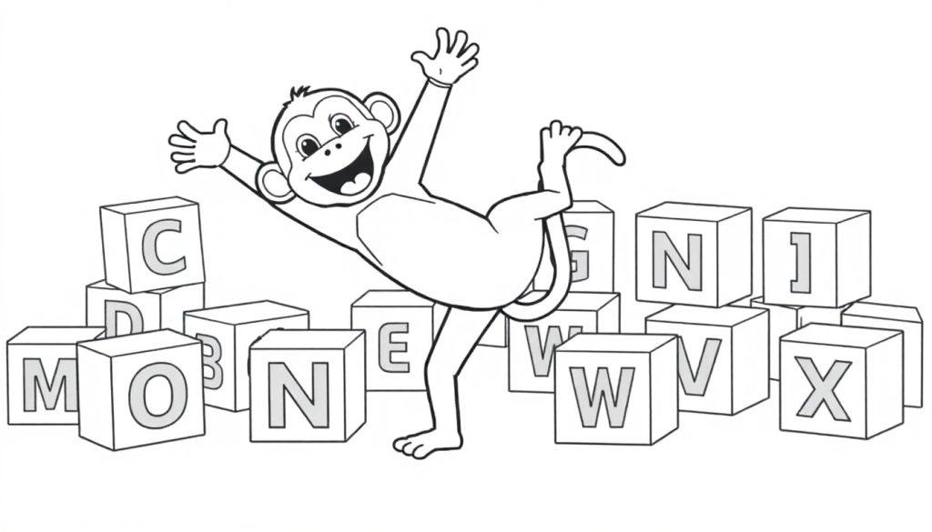 Een vrolijke aap danst tussen letters op kubussen, een leuke kleurplaat.