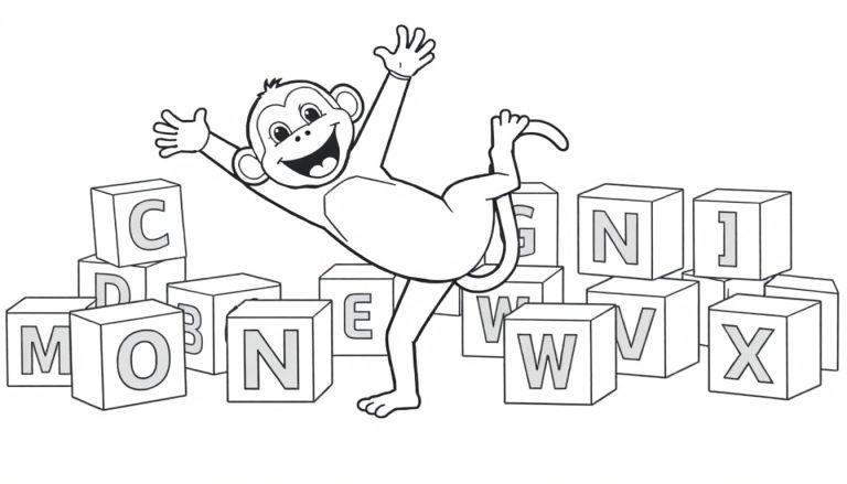 Een vrolijke aap danst tussen letters op kubussen, een leuke kleurplaat.