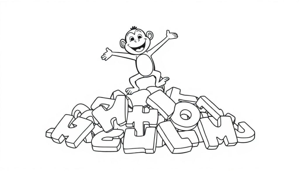 Kleurplaat van een lachende aap bovenop blokken met letters, met de armen wijd.
