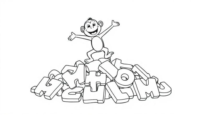 Kleurplaat van een lachende aap bovenop blokken met letters, met de armen wijd.
