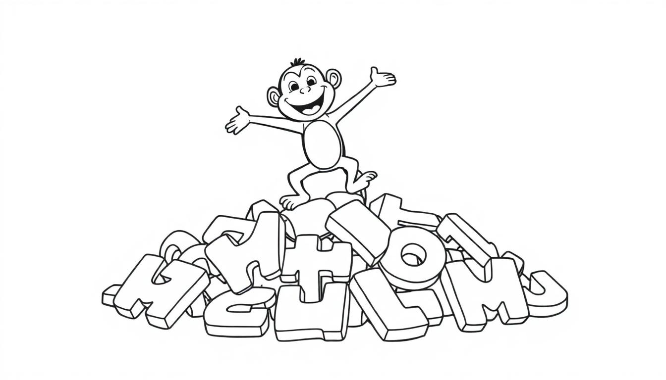 Kleurplaat van een lachende aap bovenop blokken met letters, met de armen wijd.